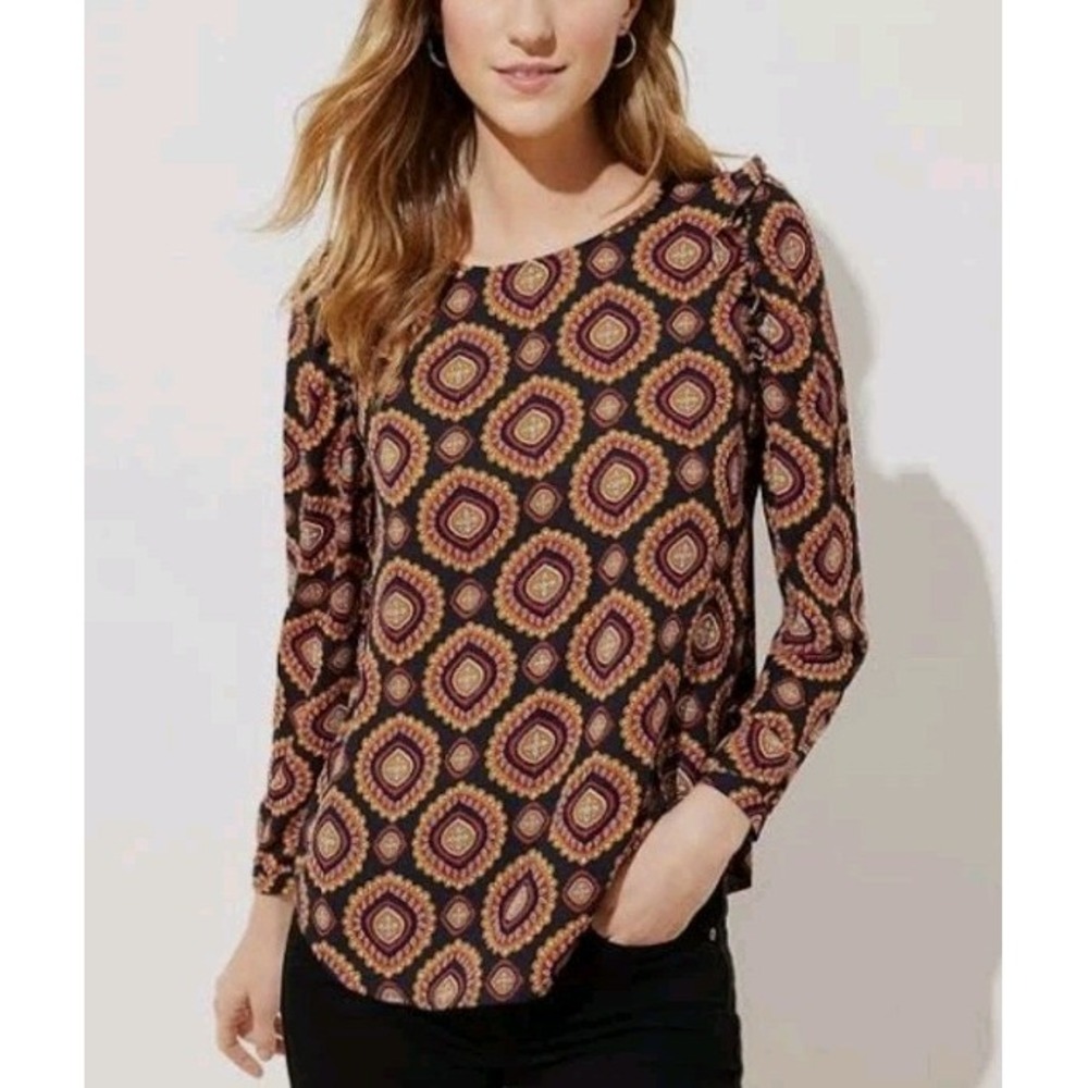 LOFT Medallion Print Ruffle Shoulder Blouse Womens L Bar Back Boho Top - Picture 1 of 14